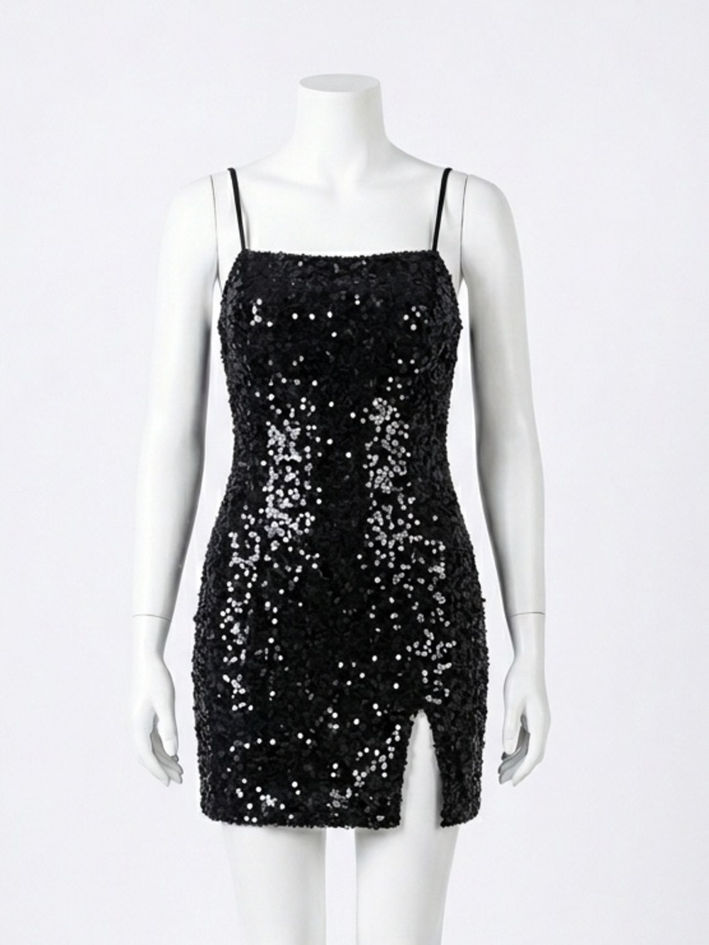 Wild Fable Black Sequin Mini Dress Spaghetti Strap Thigh Slit Y2K Party Sz L NWT
